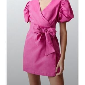 Charlie Holiday Pink Wrap Mini Dress Puffy Sleeve Belt  Size 4 EUC Barbie Anthro